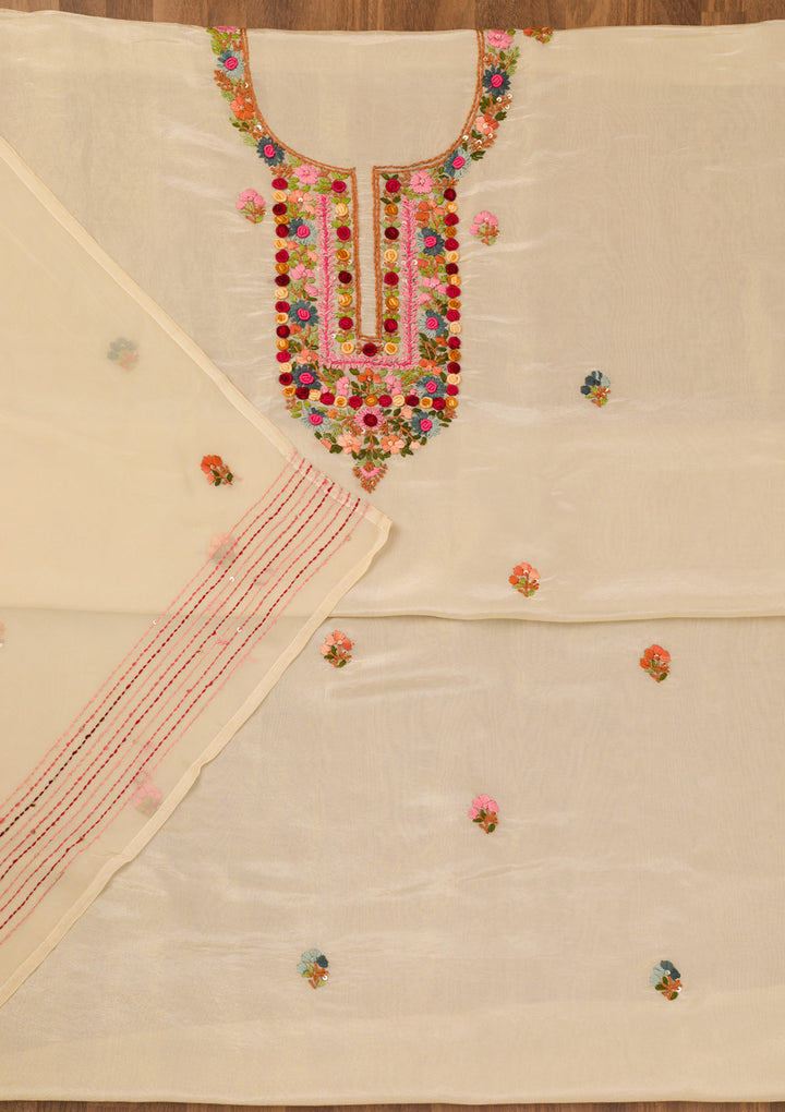 Beige Threadwork Semi Crepe Unstitched Salwar Suit
