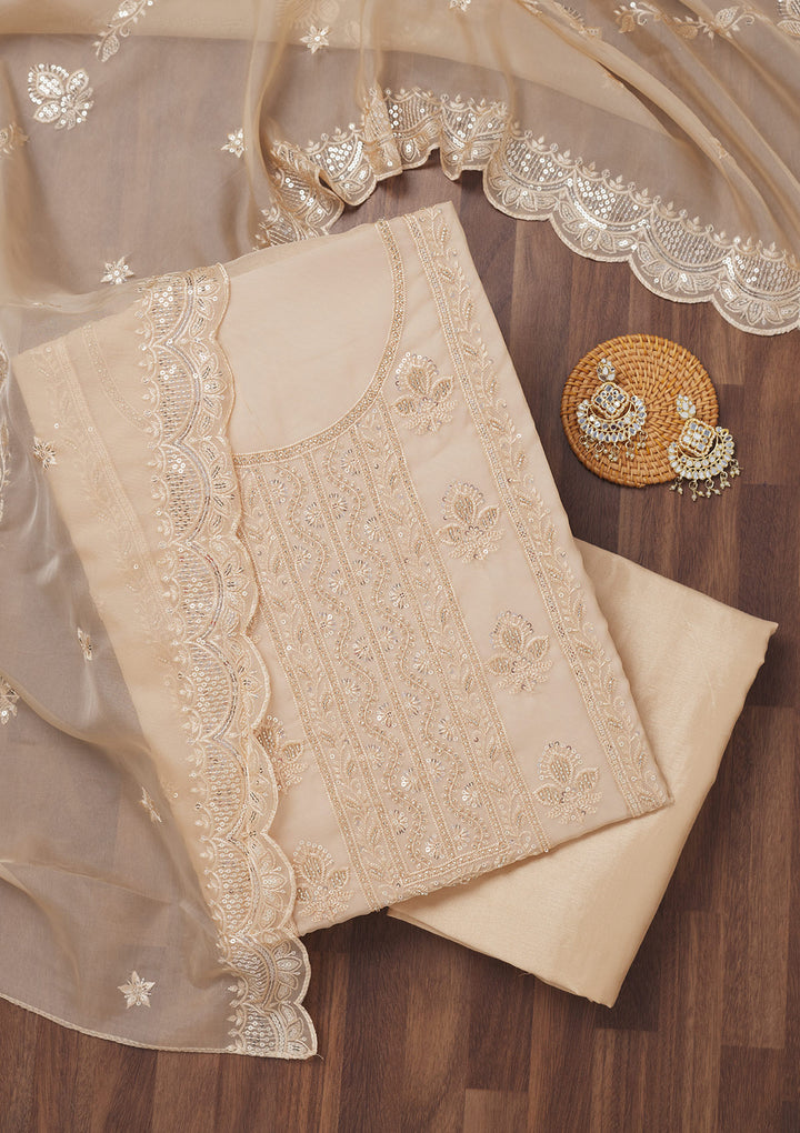 Beige Threadwork Semi Crepe Unstitched Salwar Suit
