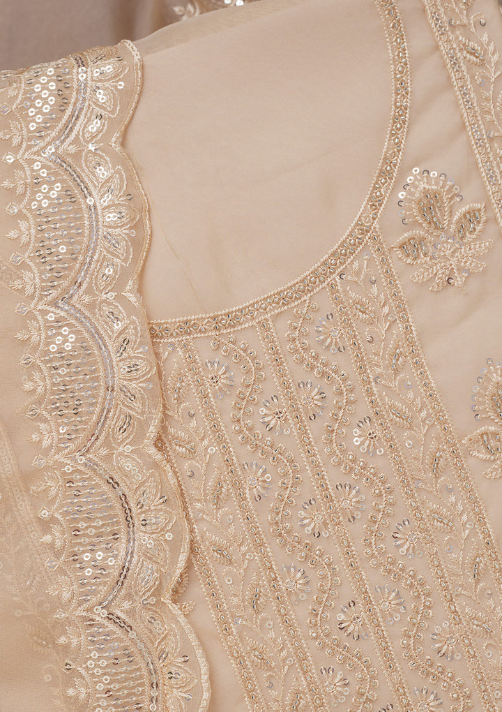 Beige Threadwork Semi Crepe Unstitched Salwar Suit