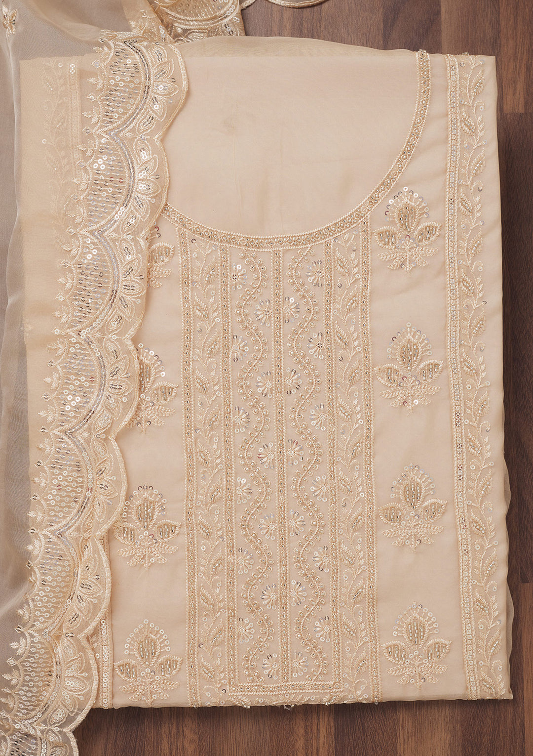 Beige Threadwork Semi Crepe Unstitched Salwar Suit