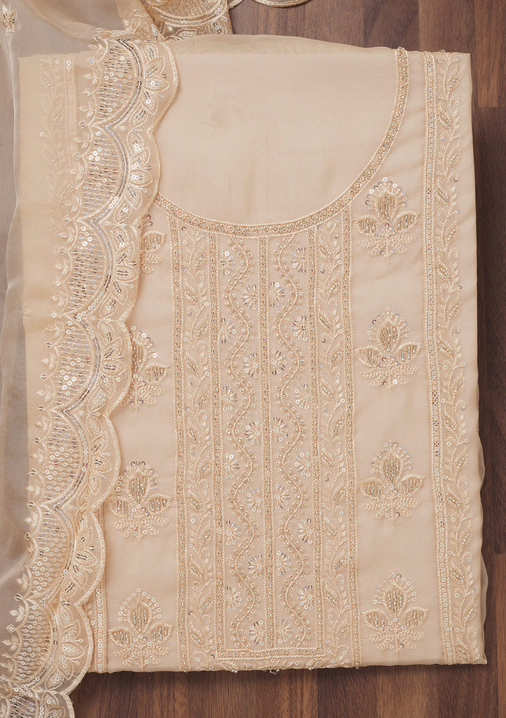 Beige Threadwork Semi Crepe Unstitched Salwar Suit