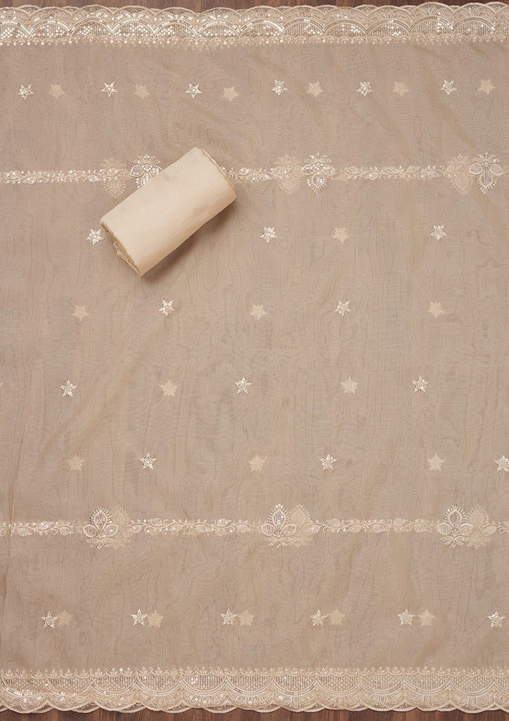 Beige Threadwork Semi Crepe Unstitched Salwar Suit