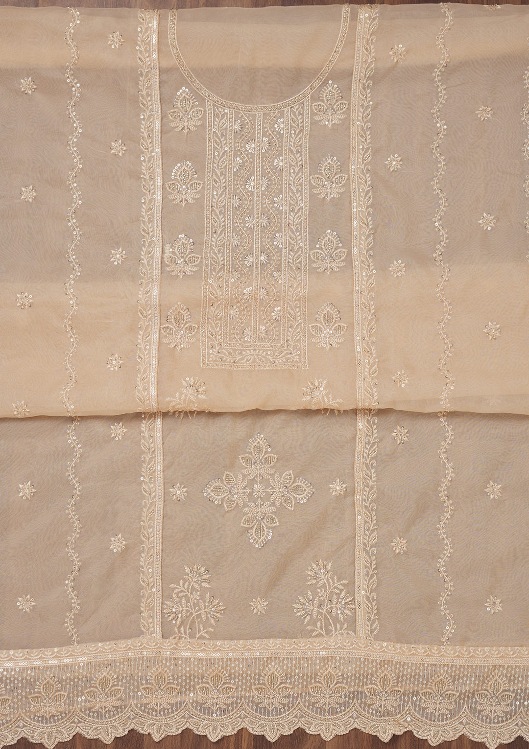 Beige Threadwork Semi Crepe Unstitched Salwar Suit