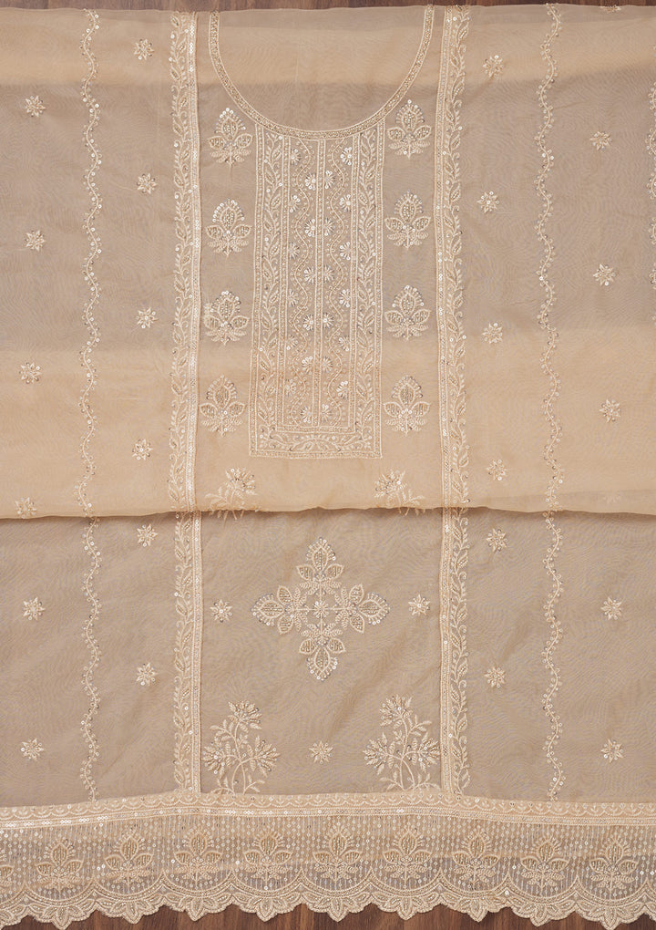 Beige Threadwork Semi Crepe Unstitched Salwar Suit