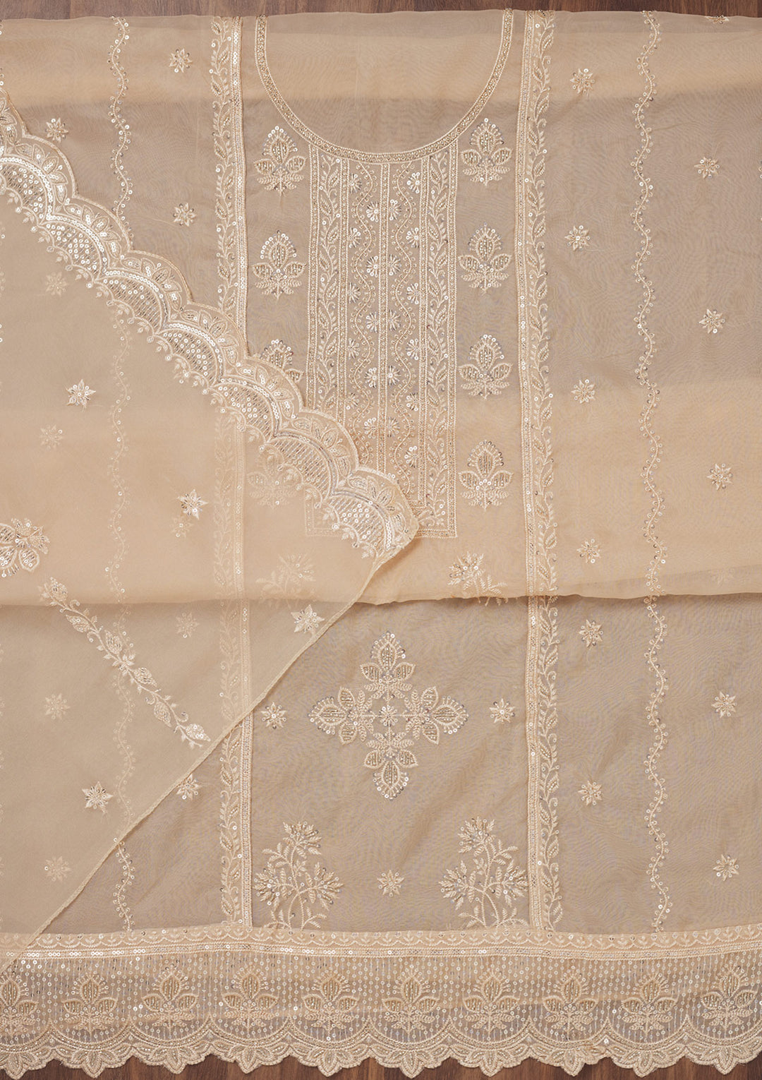 Beige Threadwork Semi Crepe Unstitched Salwar Suit