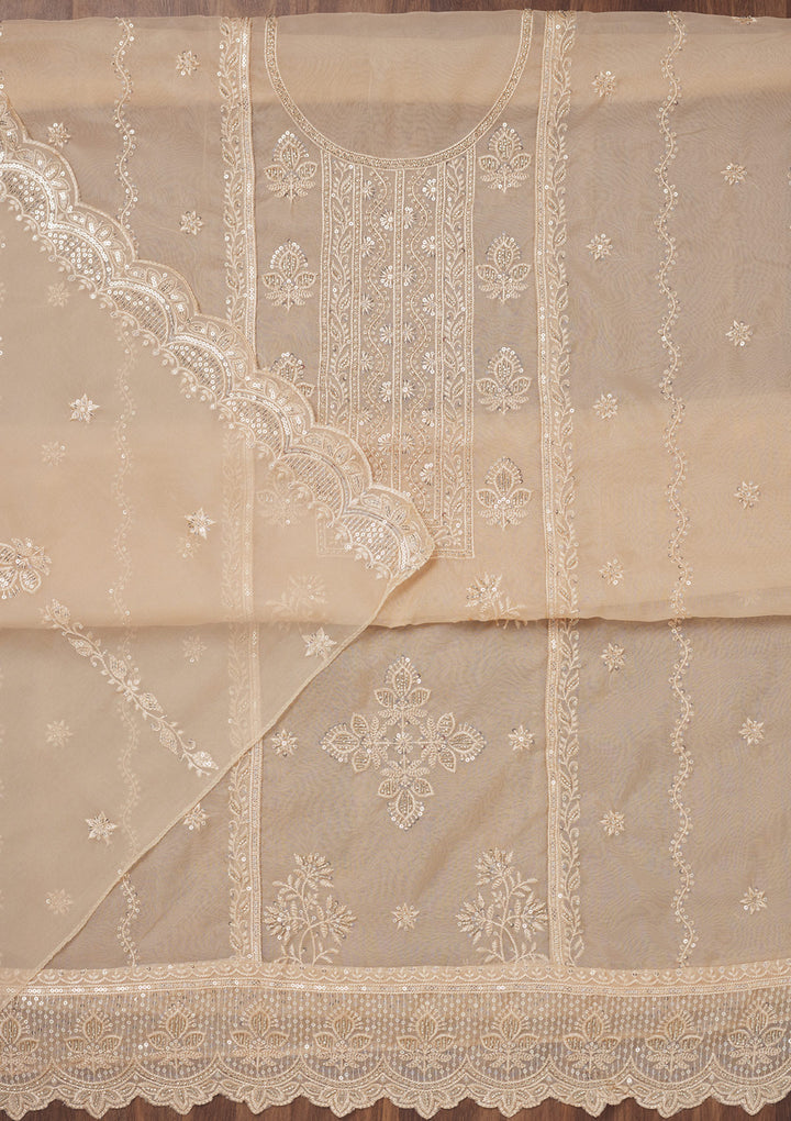 Beige Threadwork Semi Crepe Unstitched Salwar Suit