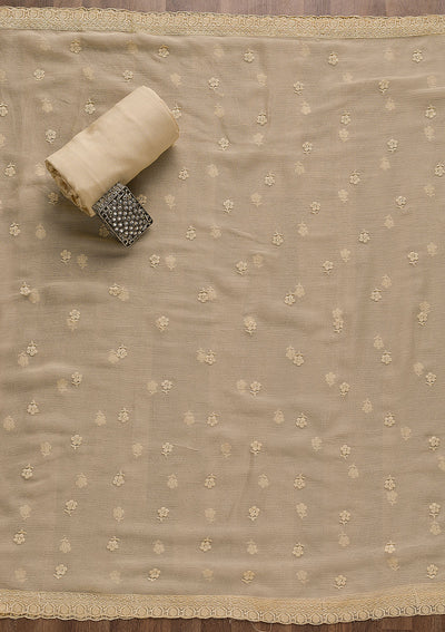 Beige Threadwork Tissue Unstitched Salwar Suit