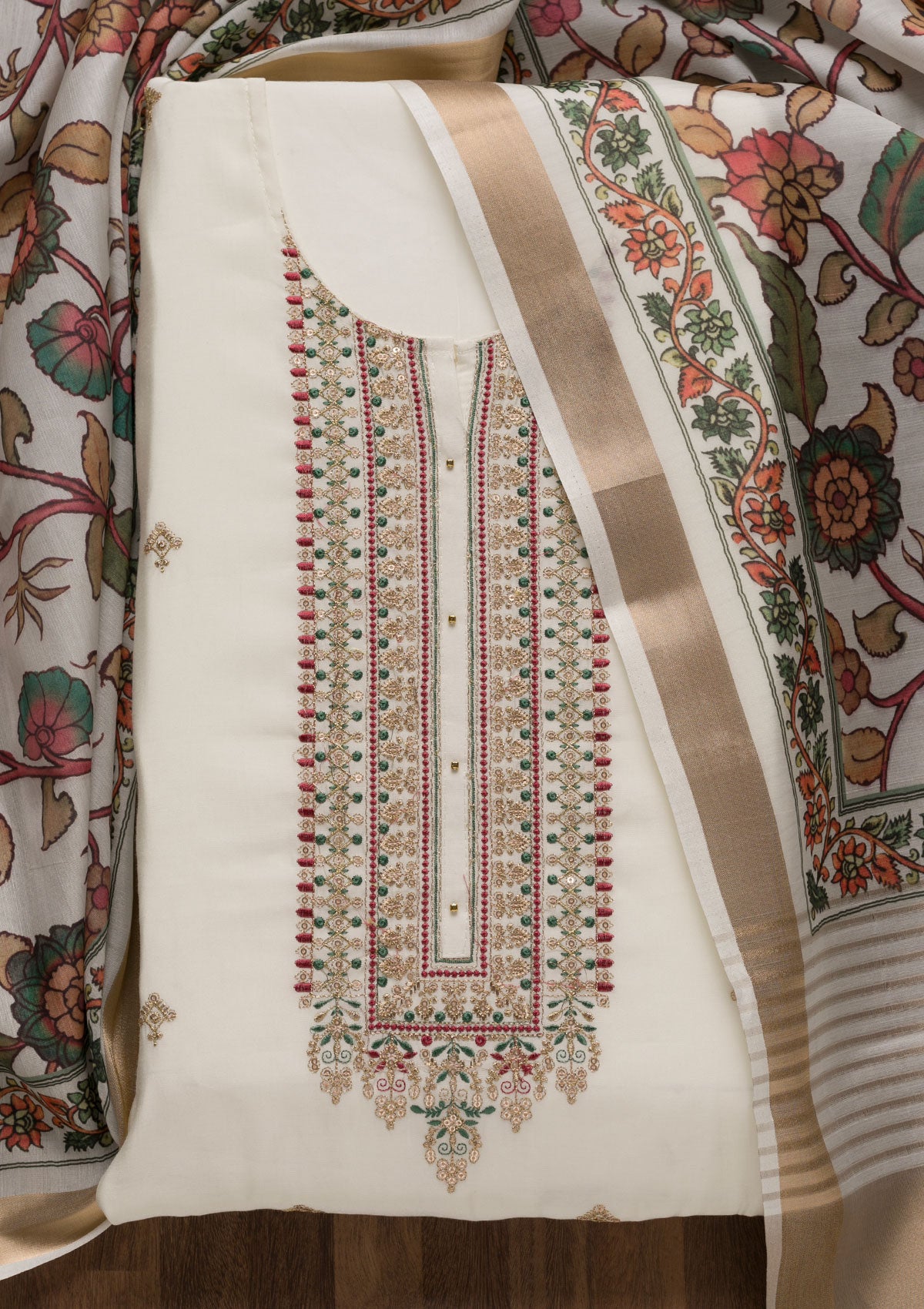 Beige Zariwork Cotton Unstitched Salwar Suit