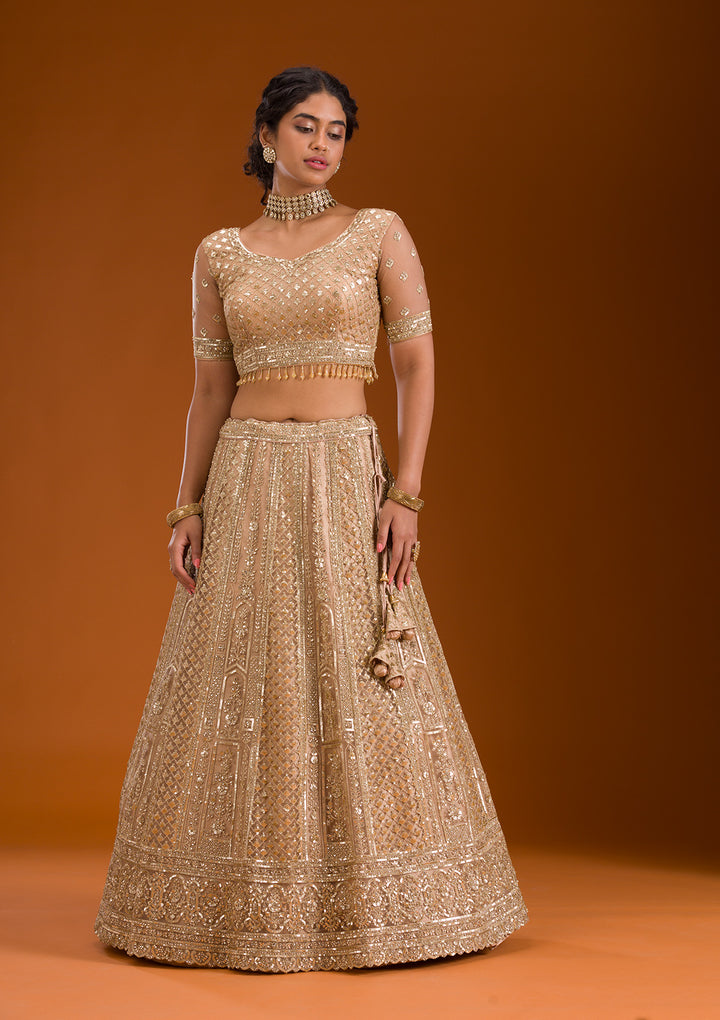Beige Zariwork Net Readymade Lehenga