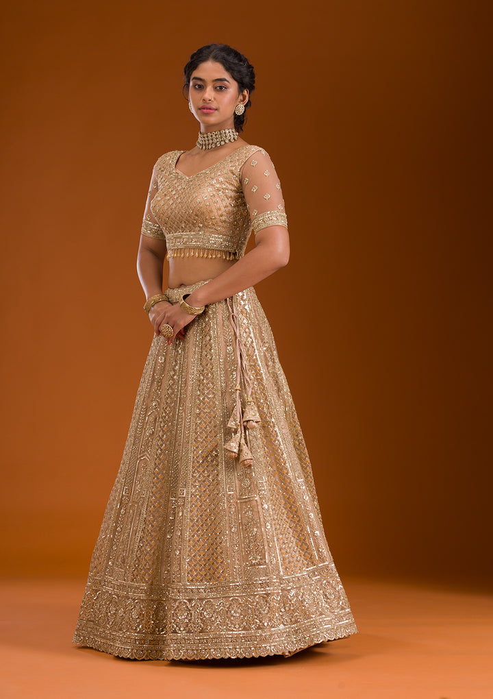 Beige Zariwork Net Readymade Lehenga