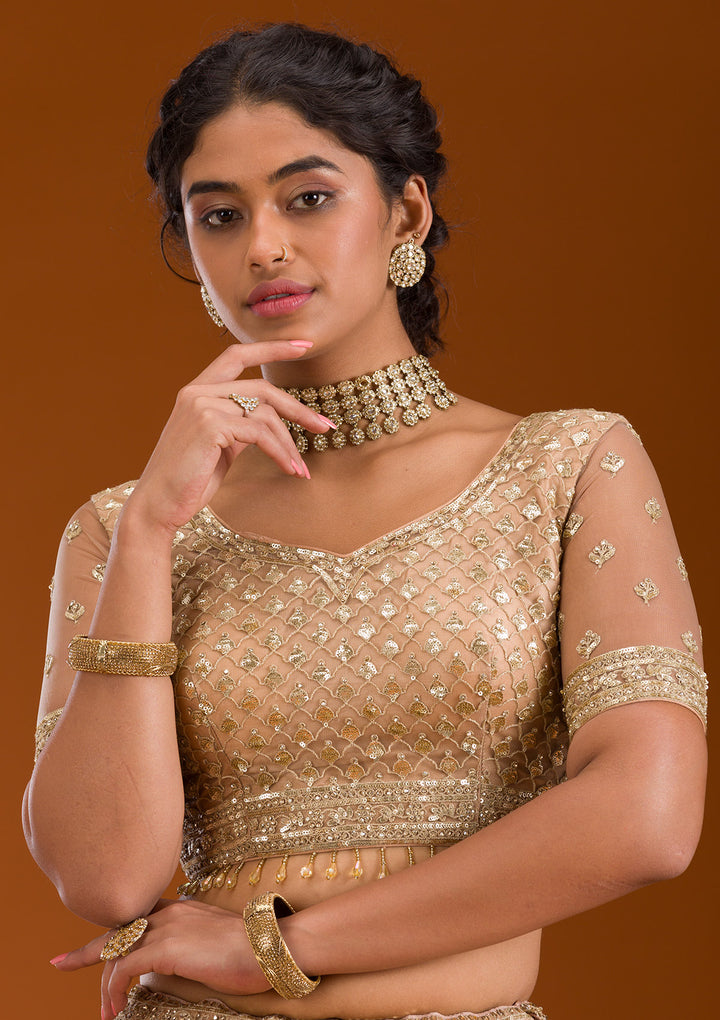 Beige Zariwork Net Readymade Lehenga