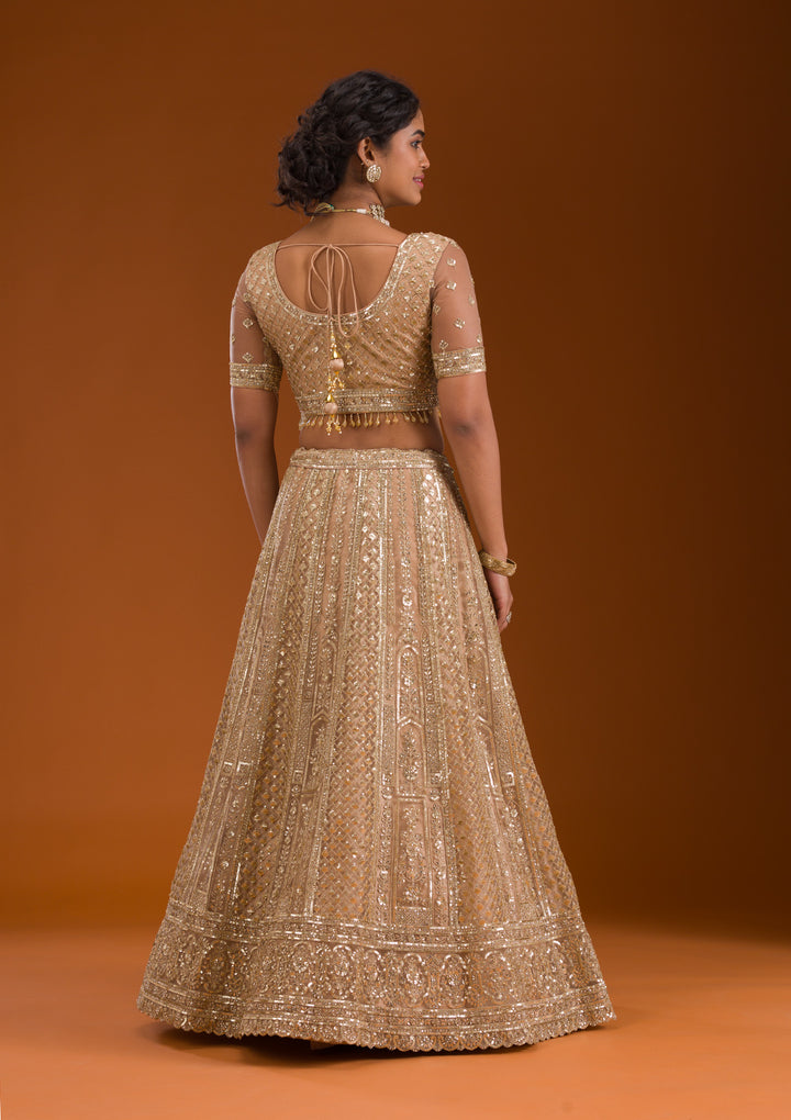 Beige Zariwork Net Readymade Lehenga