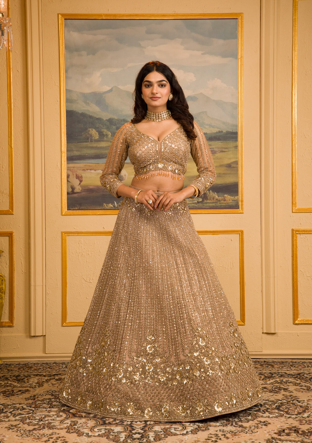 Beige Zariwork Net Readymade Lehenga