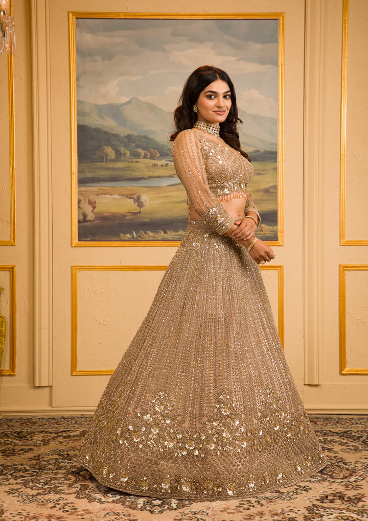 Beige Zariwork Net Readymade Lehenga