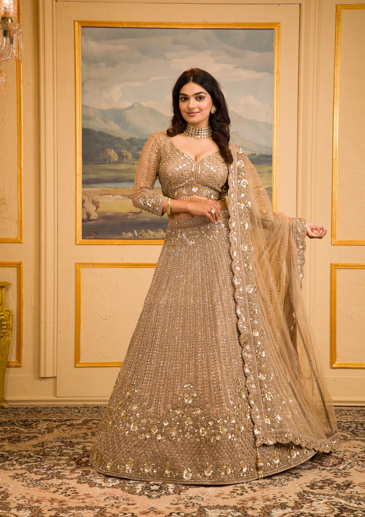 Beige Zariwork Net Readymade Lehenga
