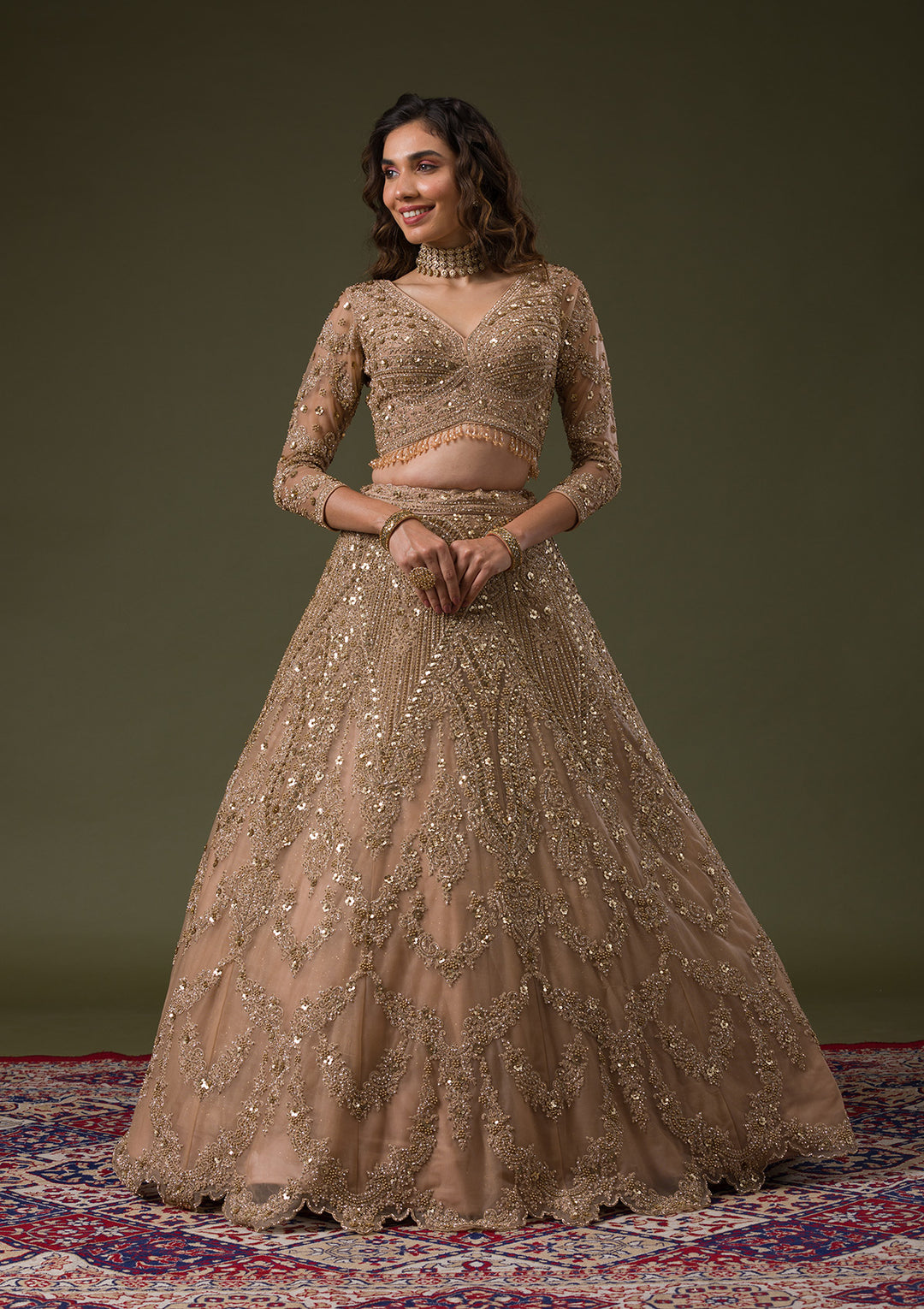 Beige Zariwork Net Readymade Lehenga