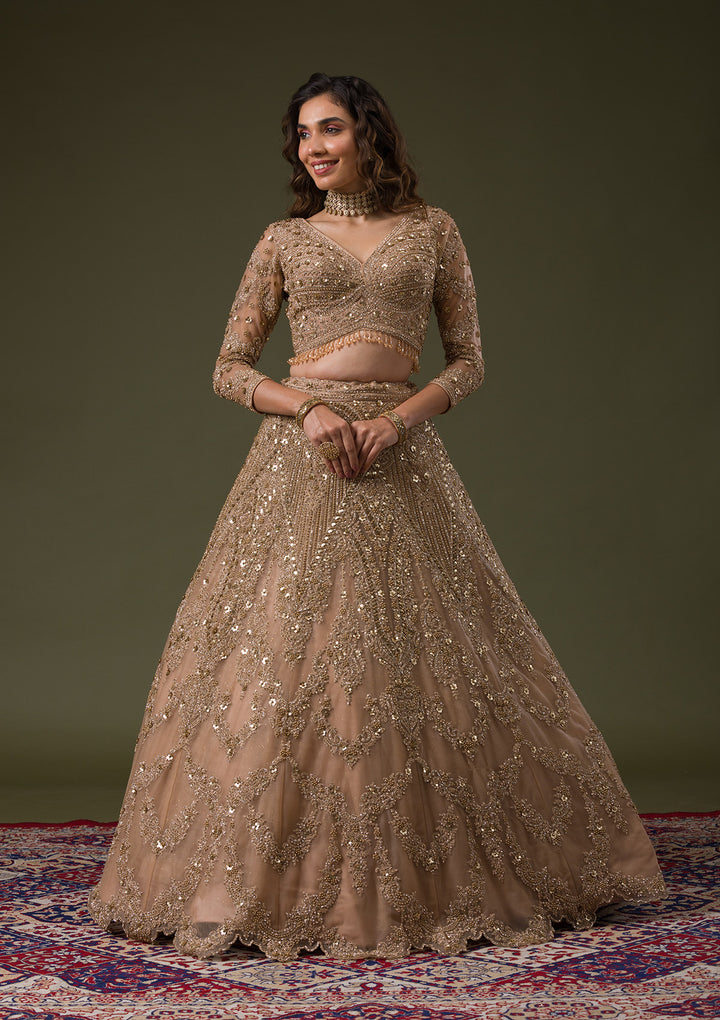 Beige Zariwork Net Readymade Lehenga