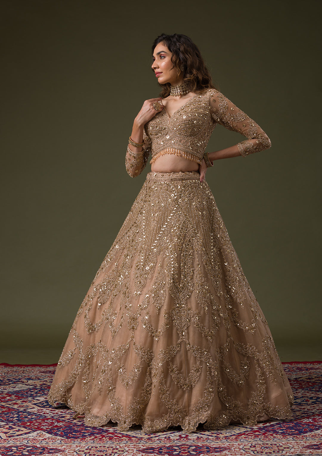 Beige Zariwork Net Readymade Lehenga