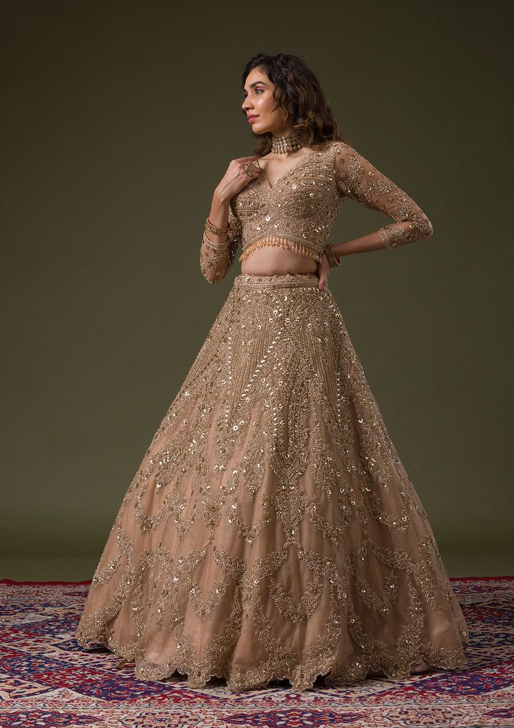 Beige Zariwork Net Readymade Lehenga