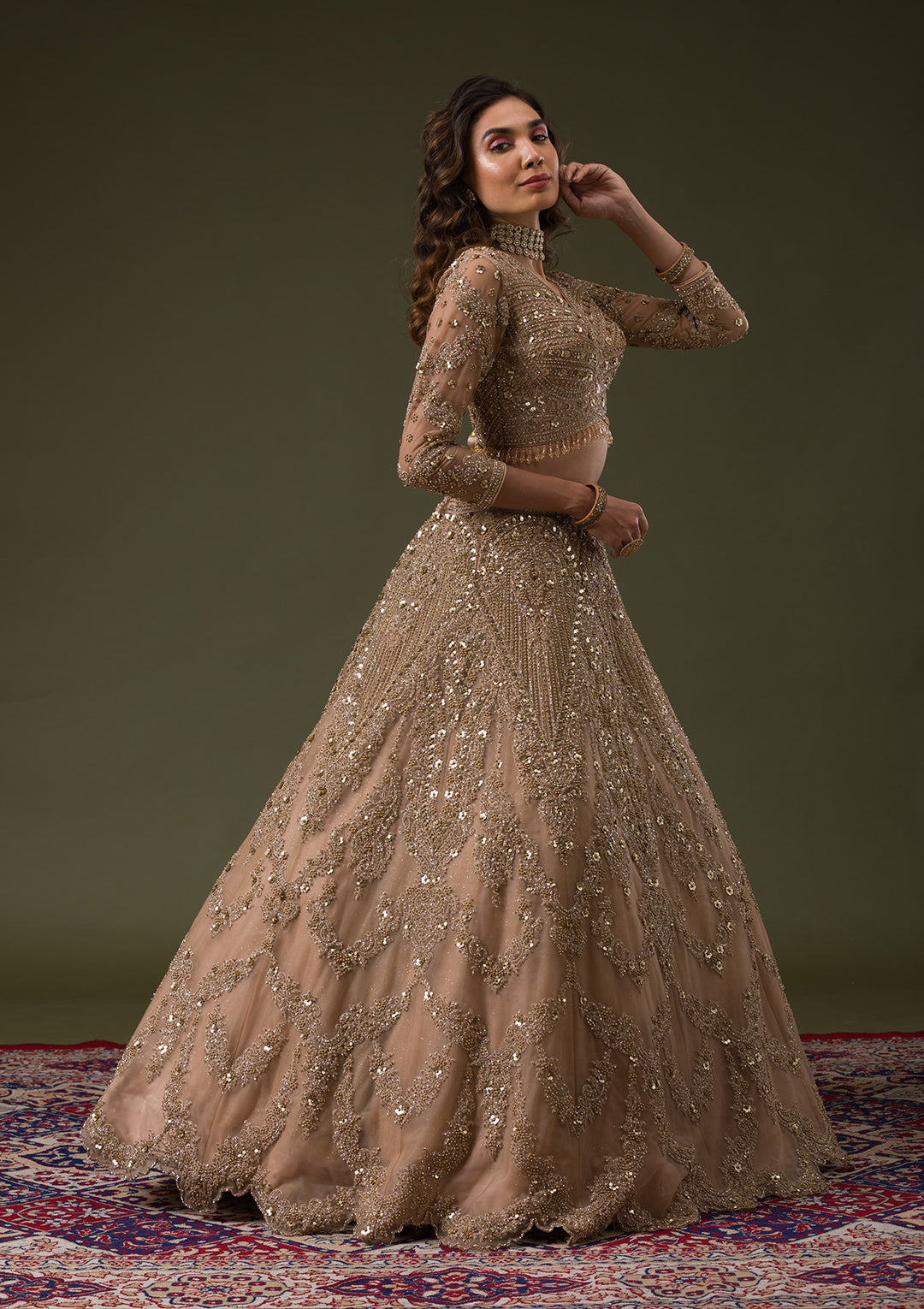Beige Zariwork Net Readymade Lehenga