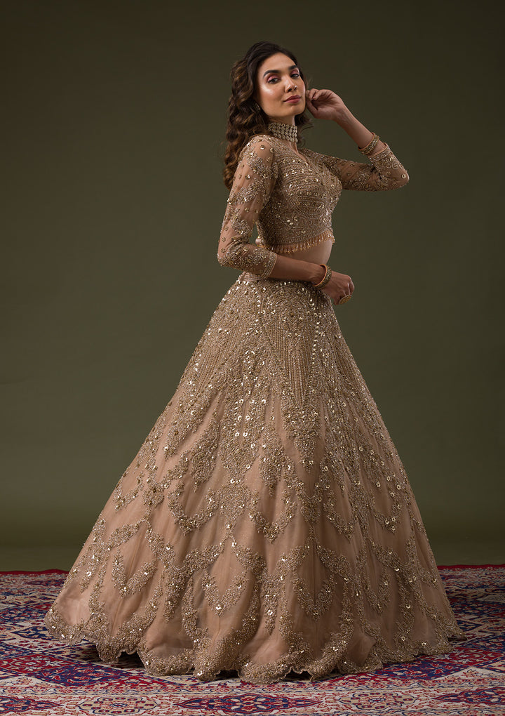 Beige Zariwork Net Readymade Lehenga