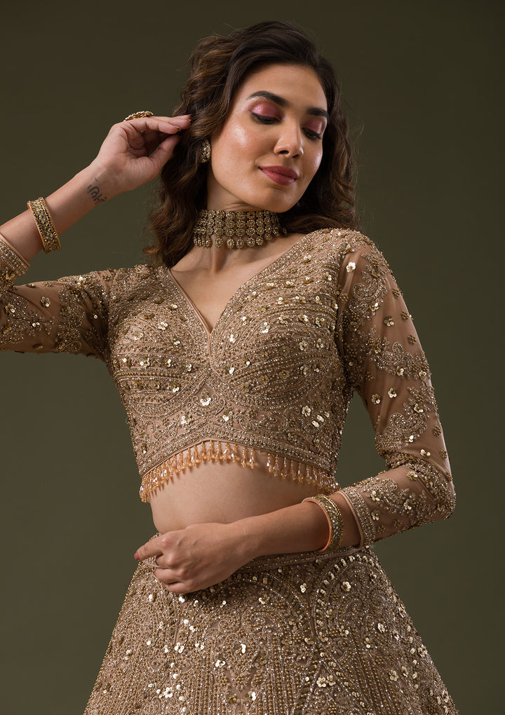 Beige Zariwork Net Readymade Lehenga