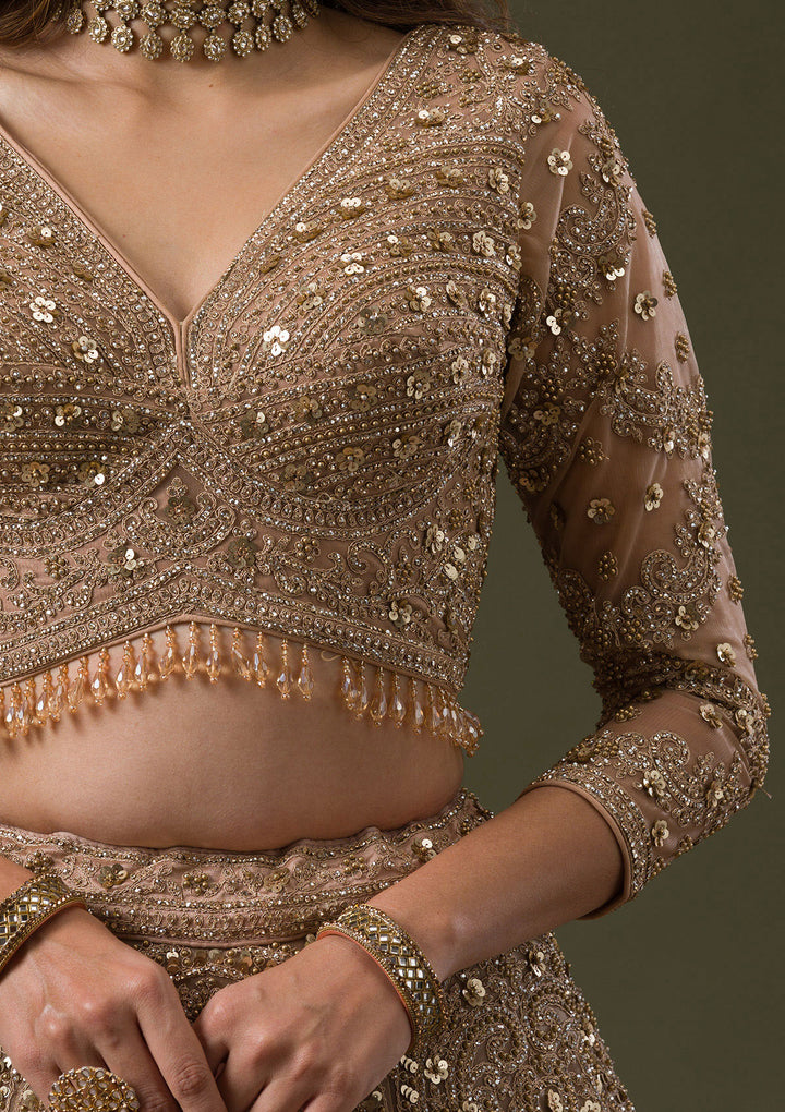 Beige Zariwork Net Readymade Lehenga