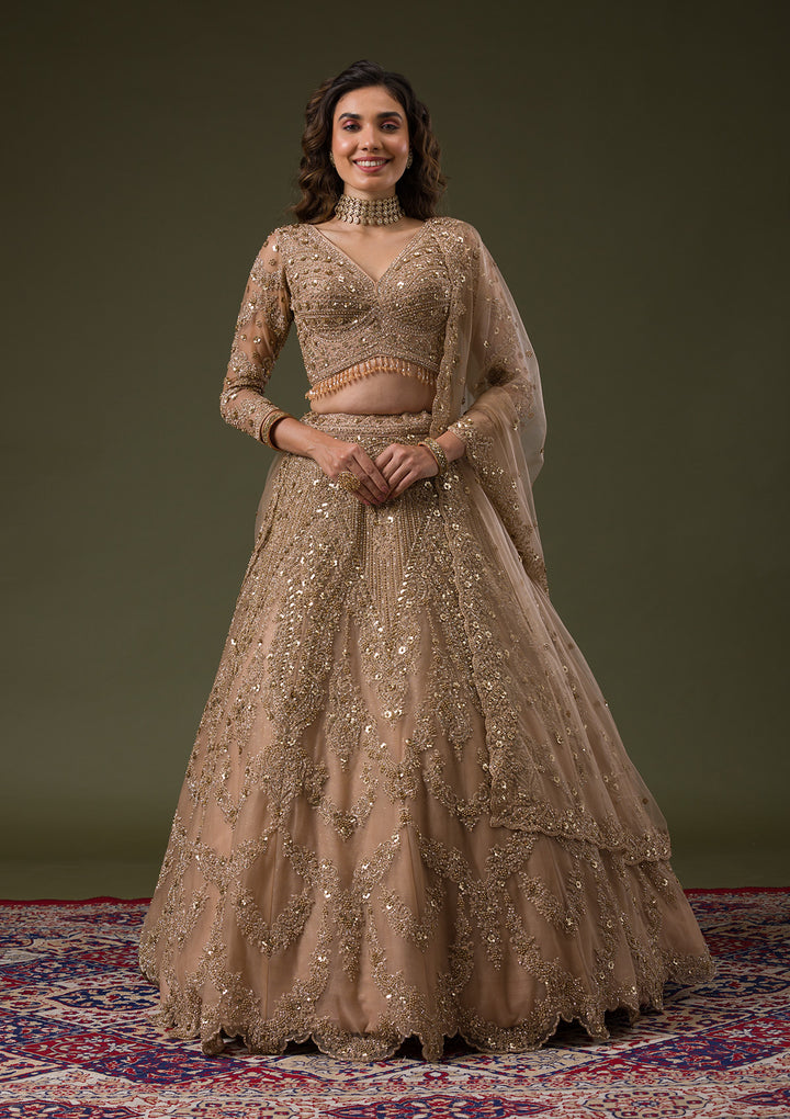 Beige Zariwork Net Readymade Lehenga