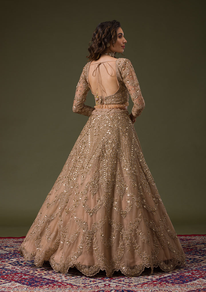 Beige Zariwork Net Readymade Lehenga