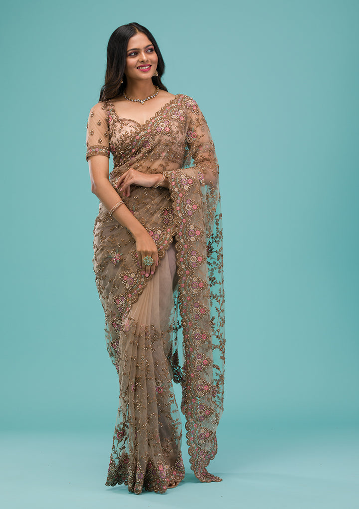 Beige Zariwork Net Saree