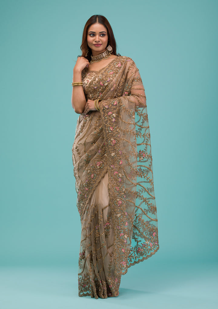 Beige Zariwork Net Saree