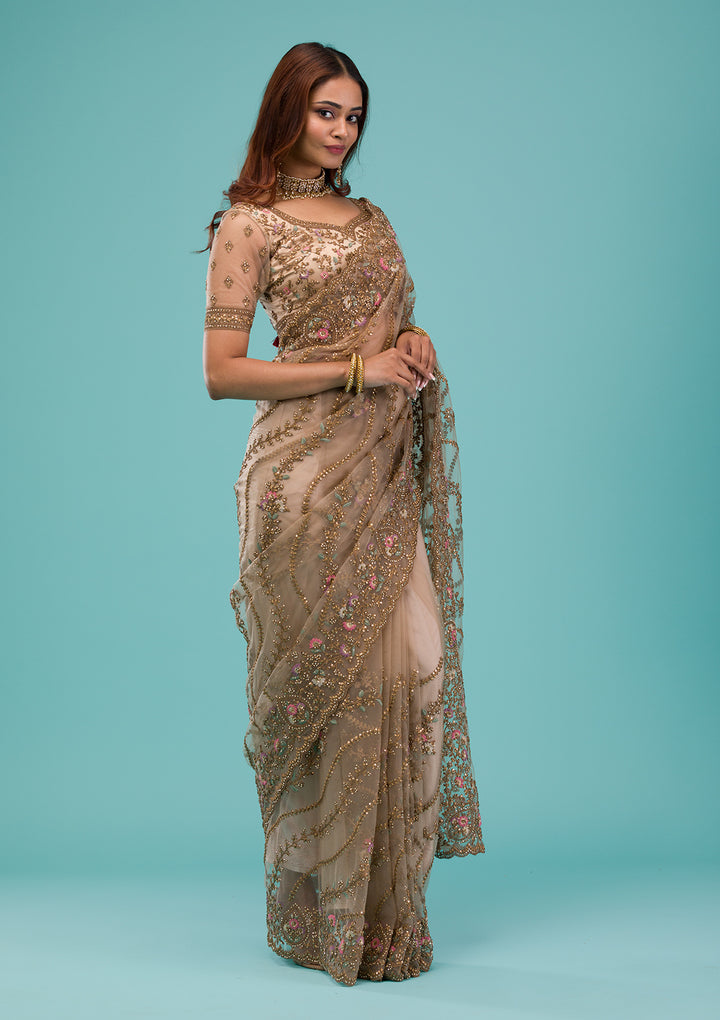 Beige Zariwork Net Saree