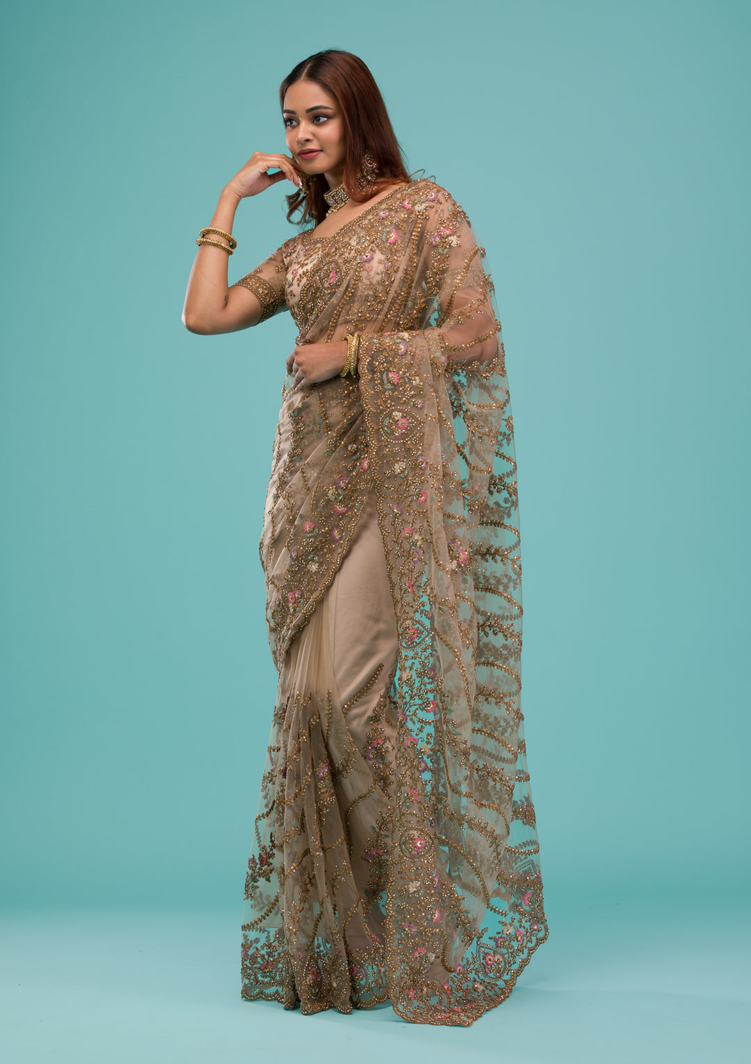 Beige Zariwork Net Saree