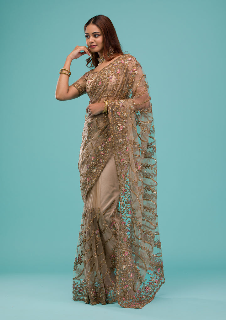 Beige Zariwork Net Saree