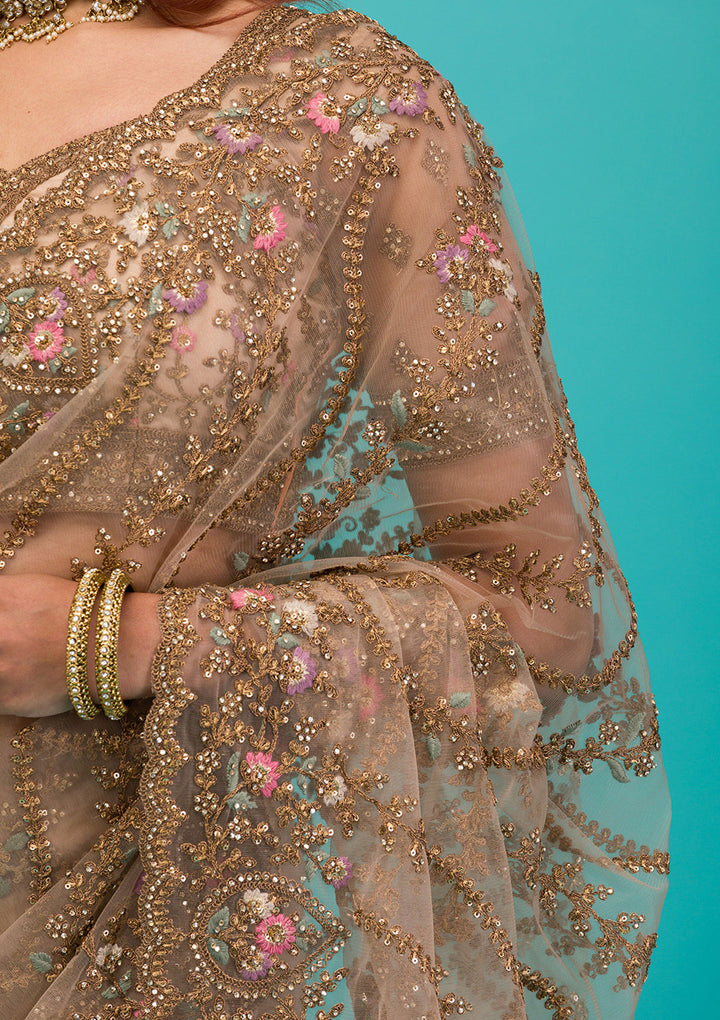 Beige Zariwork Net Saree