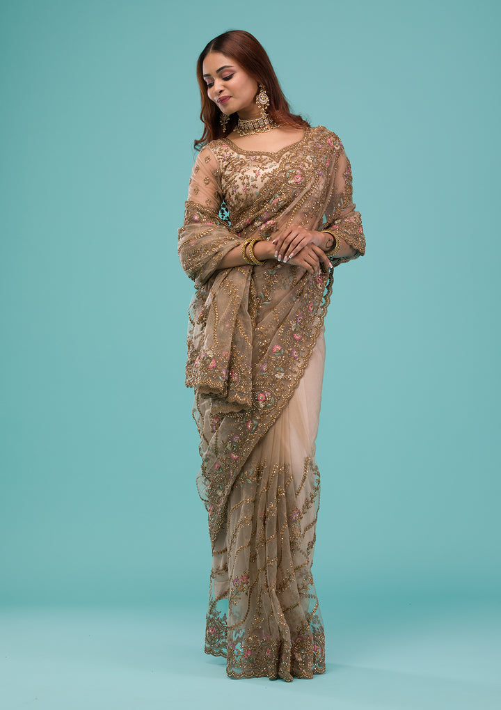Beige Zariwork Net Saree