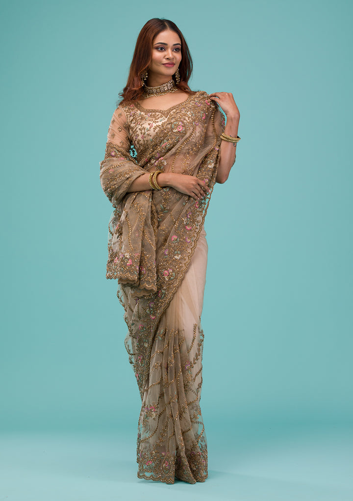 Beige Zariwork Net Saree