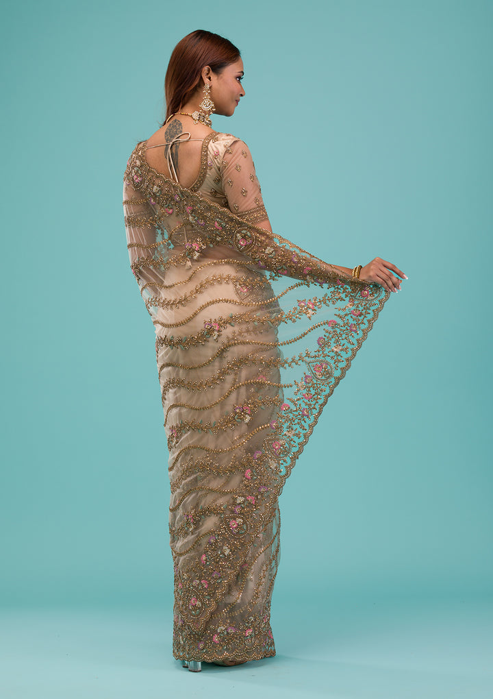 Beige Zariwork Net Saree