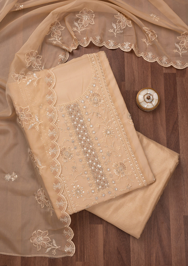 Beige Zariwork Semi Crepe Unstitched Salwar Suit