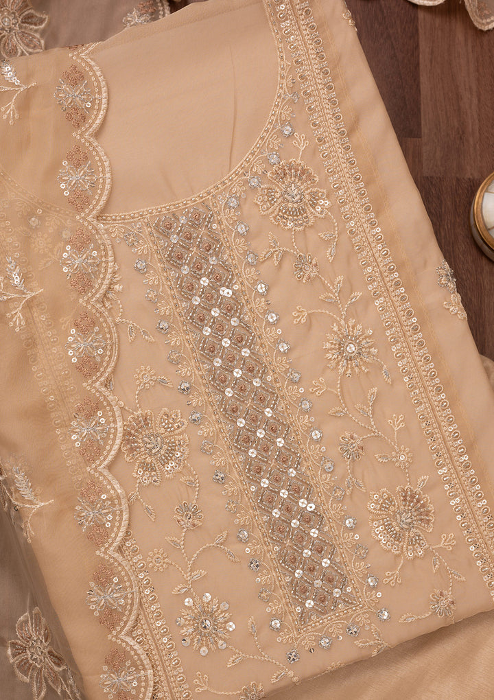Beige Zariwork Semi Crepe Unstitched Salwar Suit
