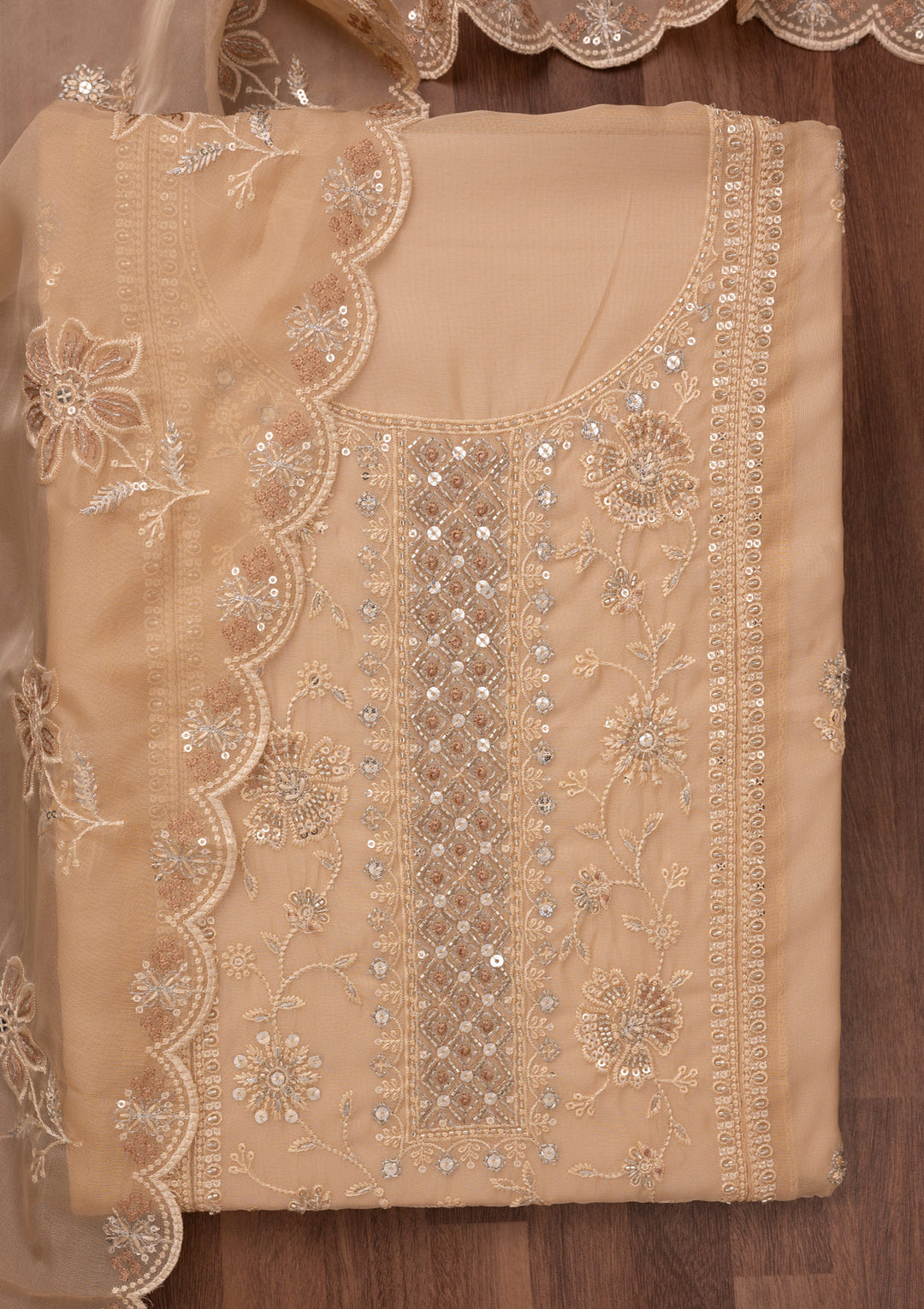 Beige Zariwork Semi Crepe Unstitched Salwar Suit