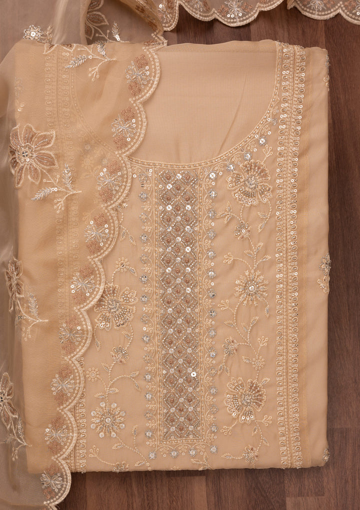 Beige Zariwork Semi Crepe Unstitched Salwar Suit