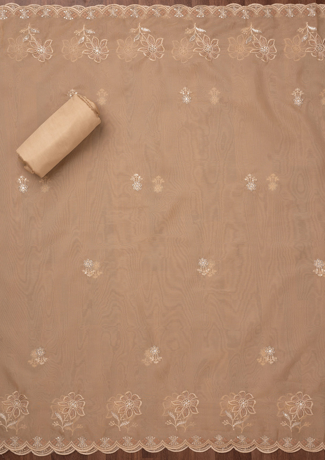 Beige Zariwork Semi Crepe Unstitched Salwar Suit