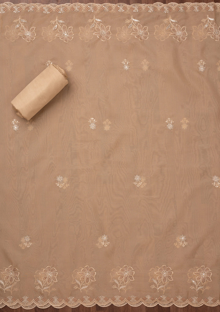 Beige Zariwork Semi Crepe Unstitched Salwar Suit