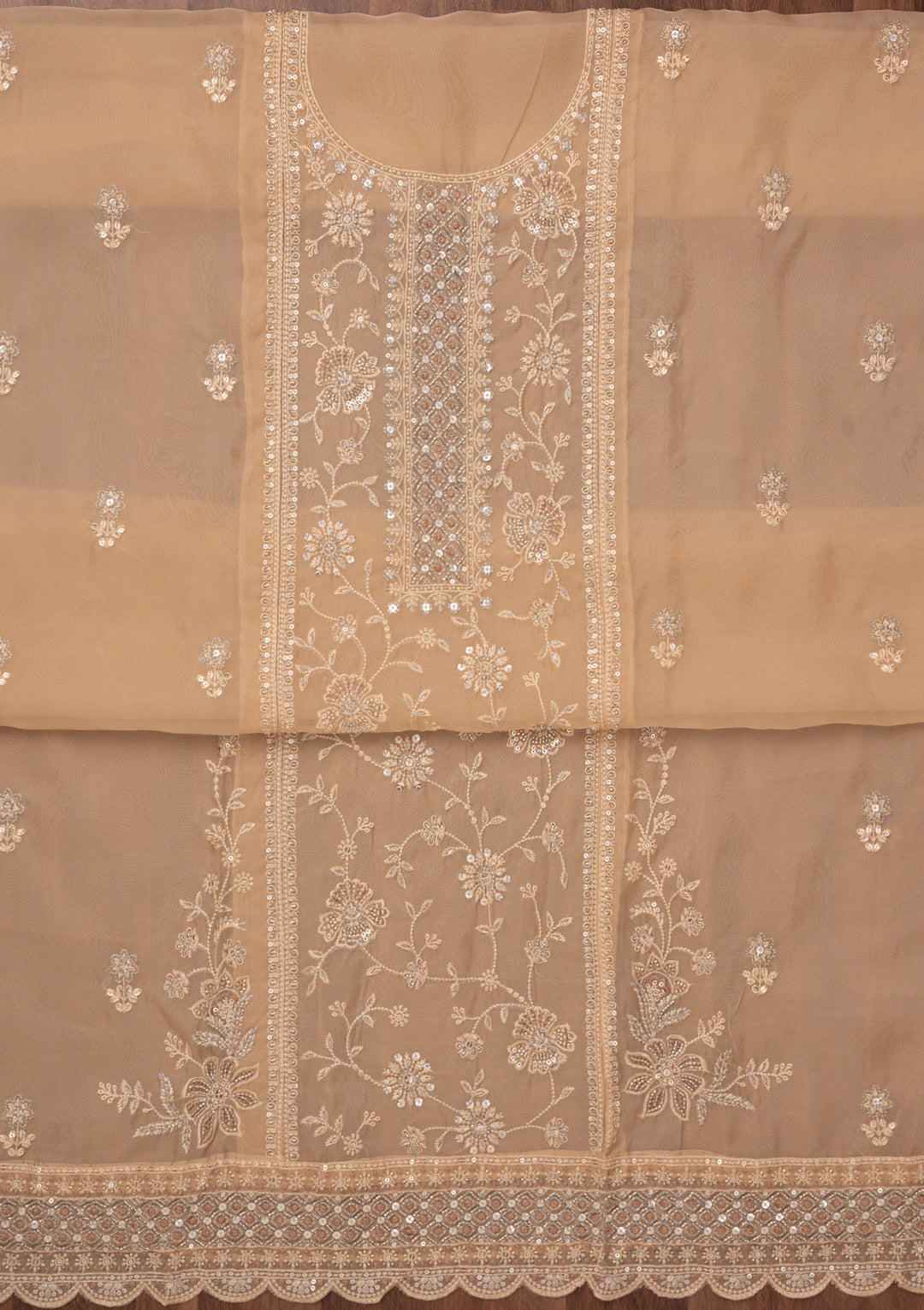 Beige Zariwork Semi Crepe Unstitched Salwar Suit