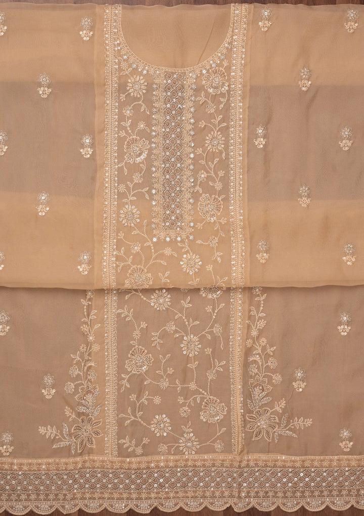 Beige Zariwork Semi Crepe Unstitched Salwar Suit