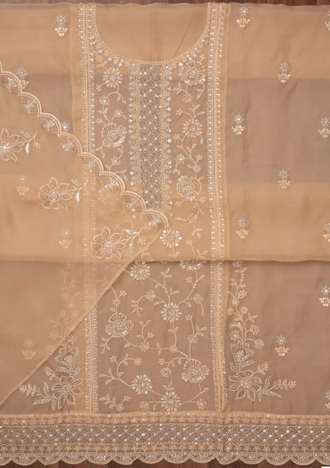 Beige Zariwork Semi Crepe Unstitched Salwar Suit