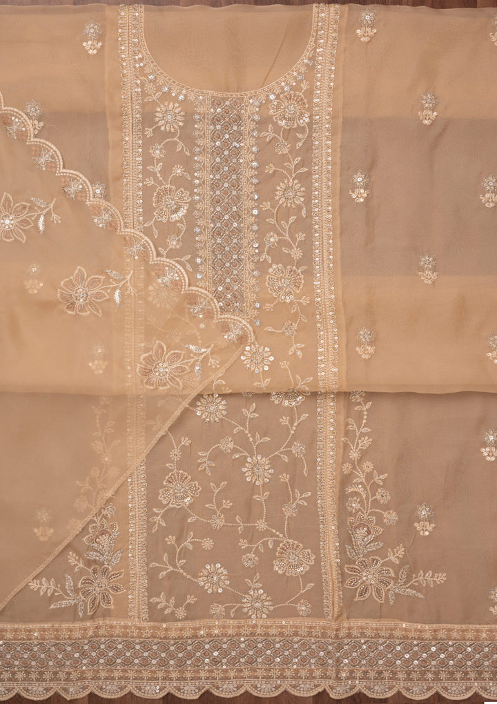 Beige Zariwork Semi Crepe Unstitched Salwar Suit
