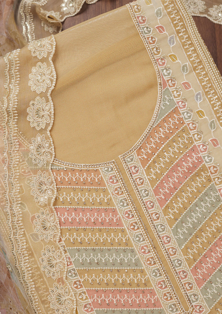 Beige Zariwork Semi Crepe Unstitched Salwar Suit
