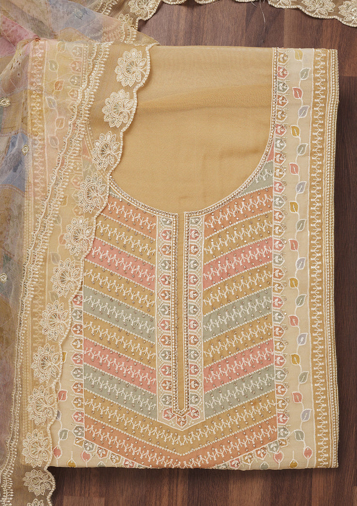 Beige Zariwork Semi Crepe Unstitched Salwar Suit